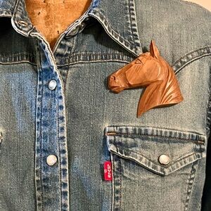 Hand Carved Wood Horse Head Pin Brooch